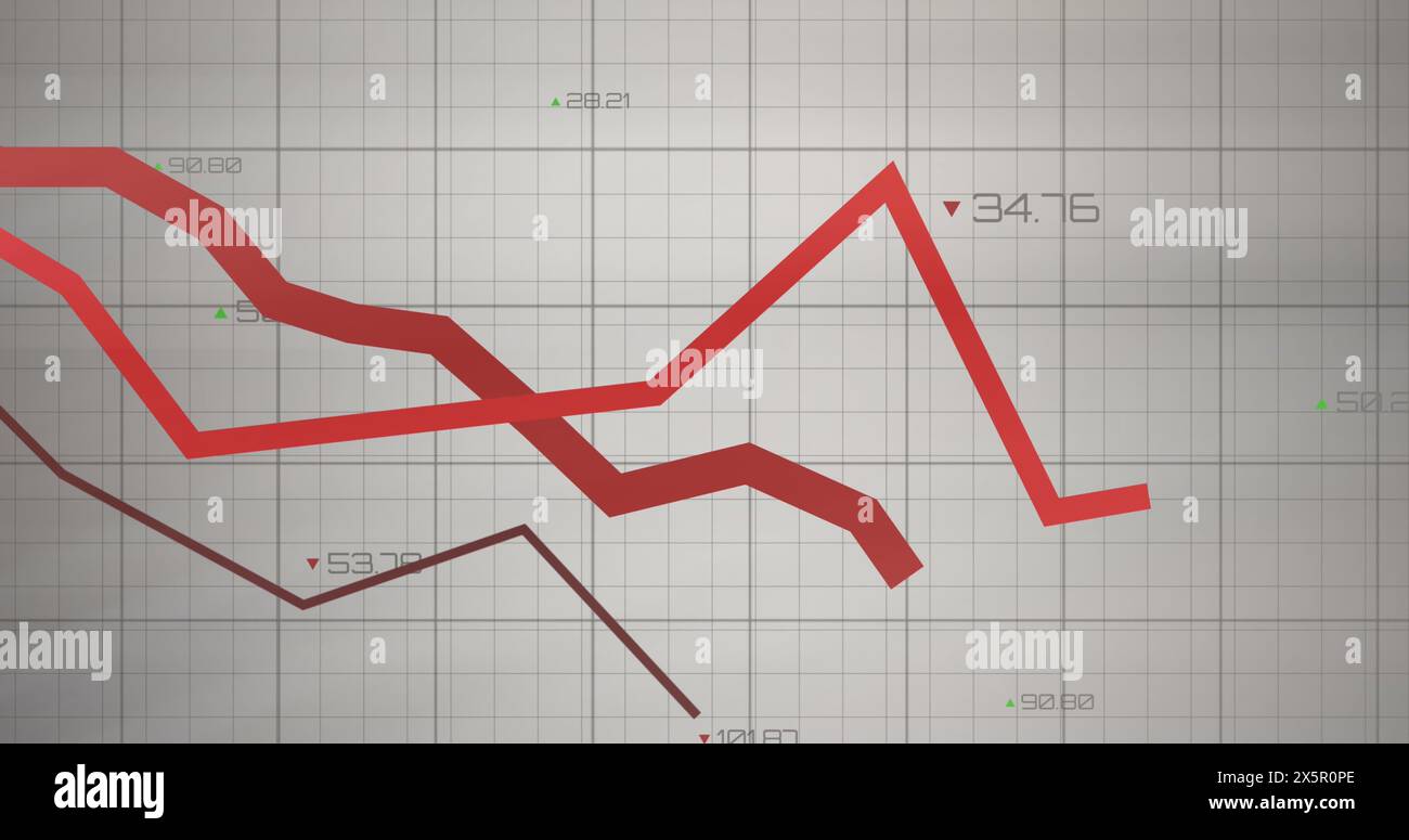 Image of red lines over grid and data processing Stock Photo