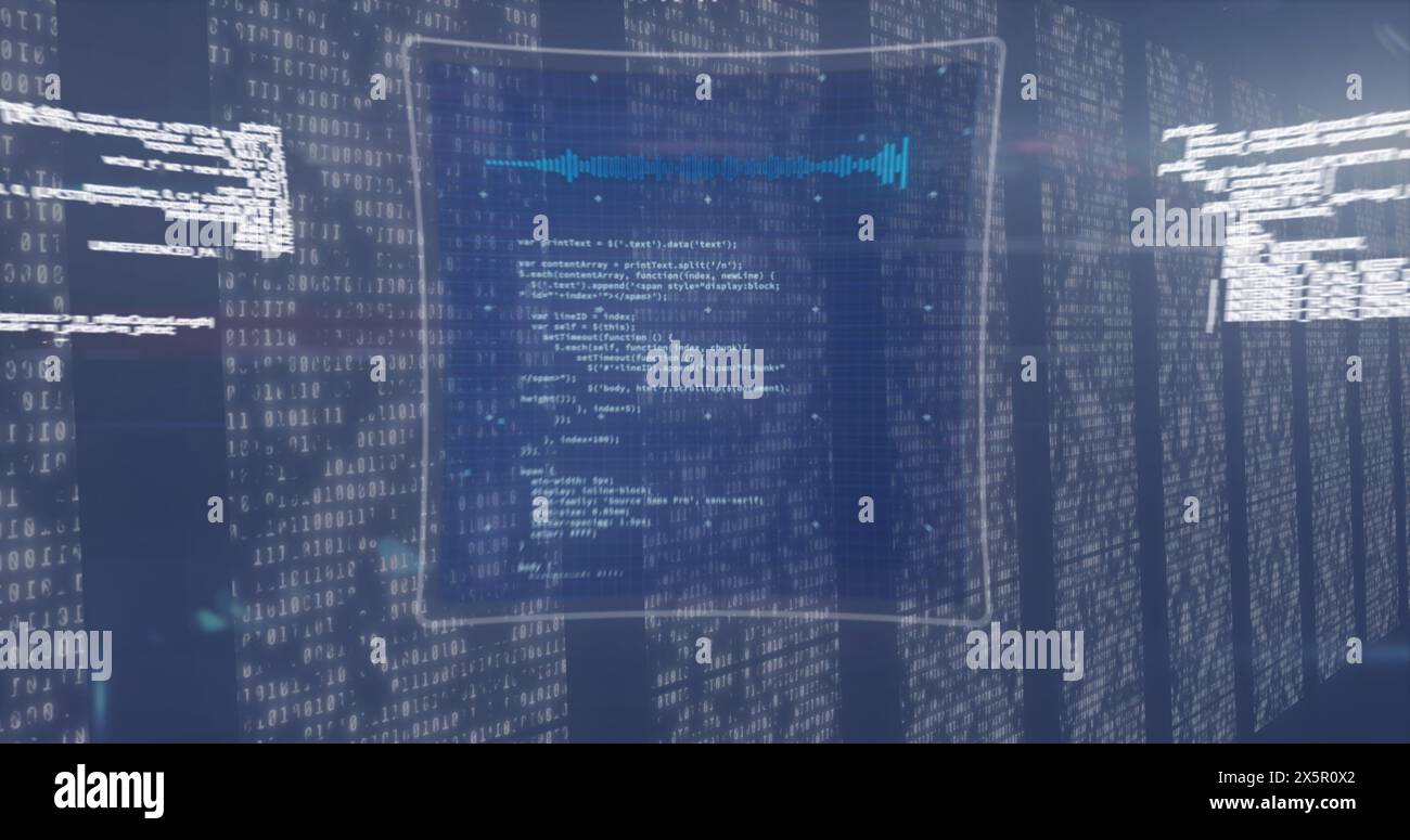 Digital image of multiple screens with data processing against blue background Stock Photo
