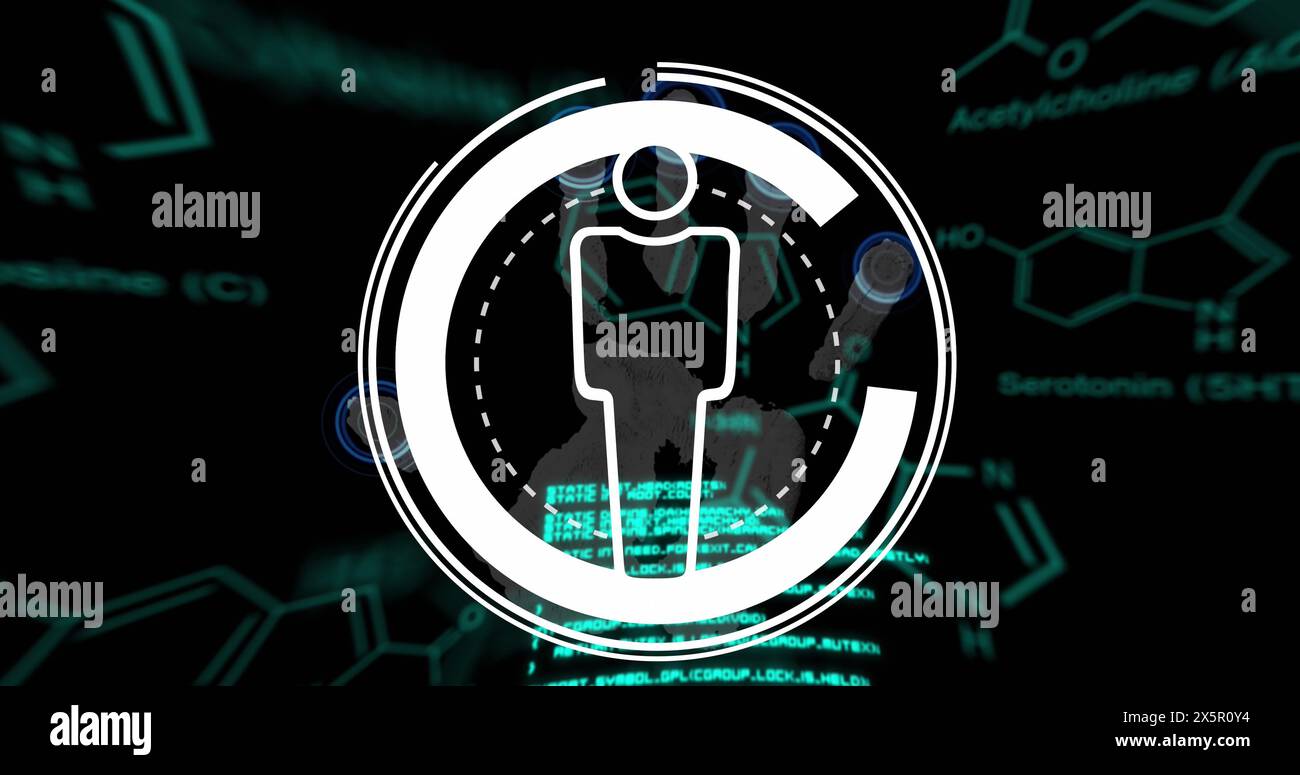 Image of man icon and circle over data processing on black background Stock Photo