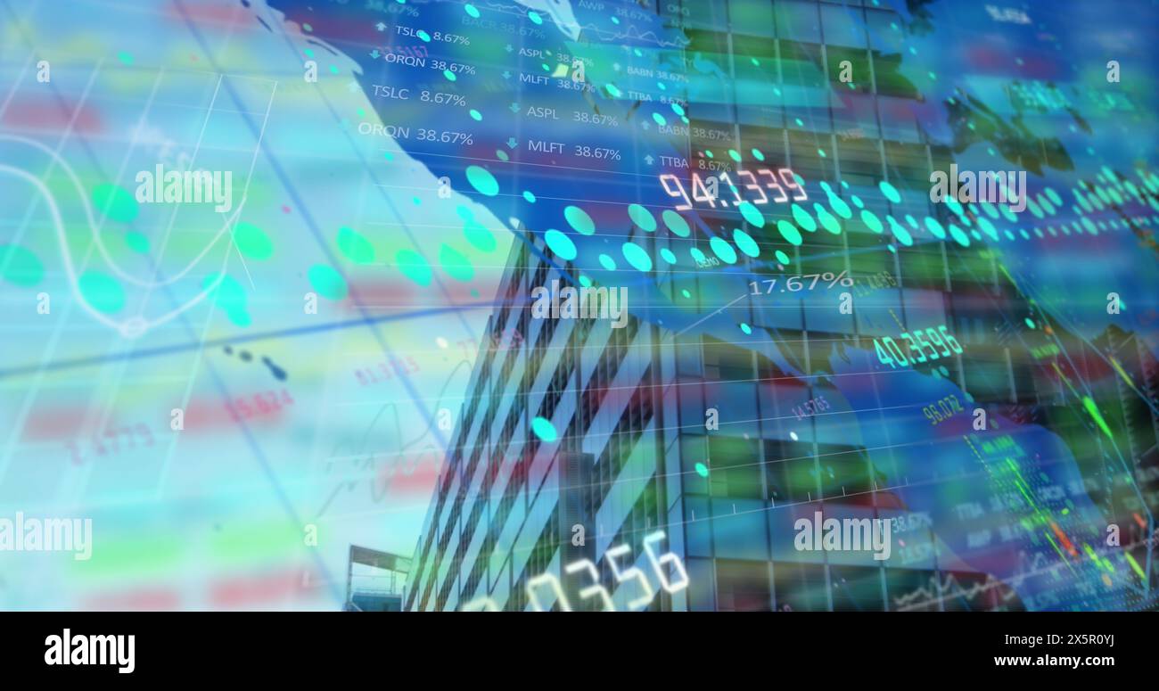 World map financial data animation - Image Of Financial Data Over Buildings And World Map 2X5R0YJ