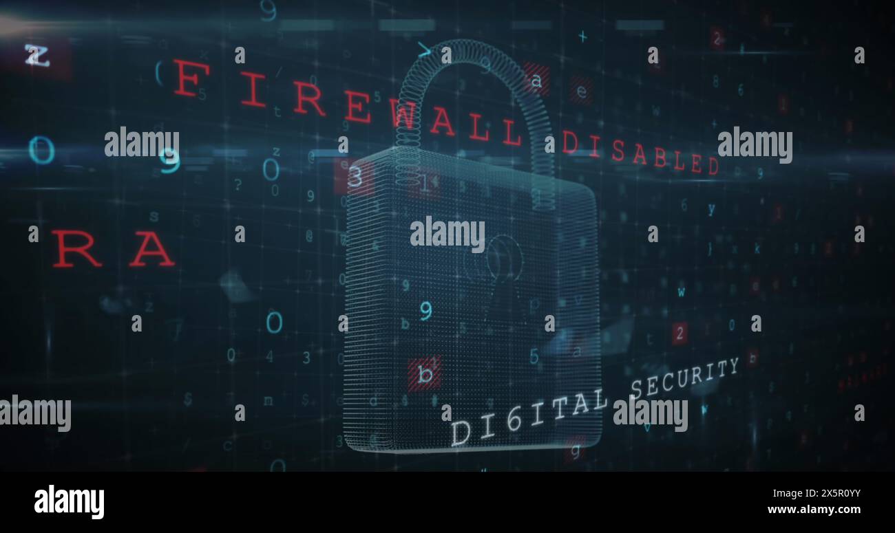 Image of cyberattack text, data processing over security padlock Stock Photo