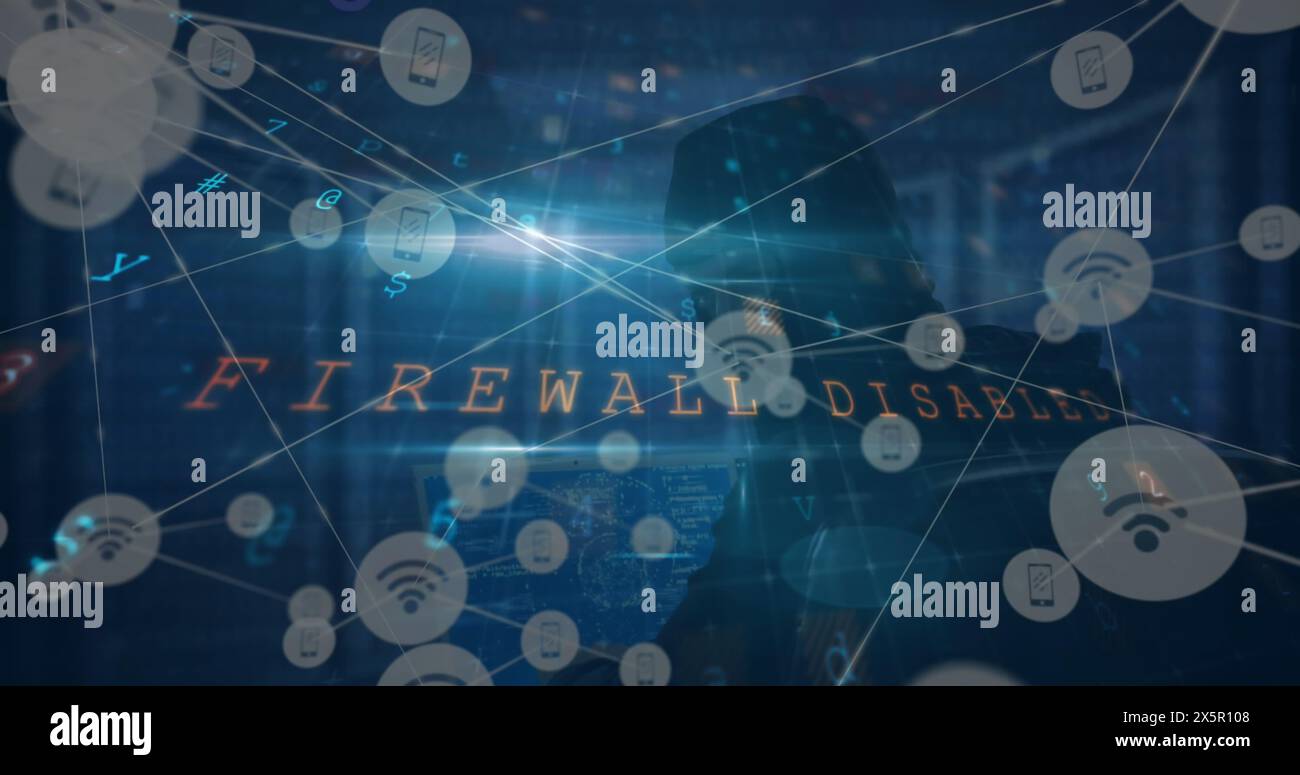 Image of cyberattack text, data processing over network of connections and hacker Stock Photo