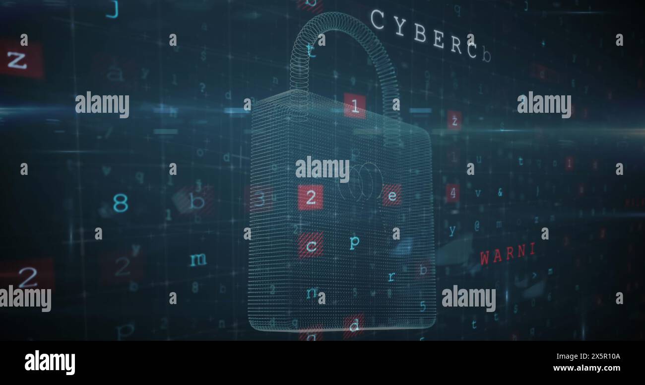 Image of cyberattack text, data processing over security padlock Stock Photo
