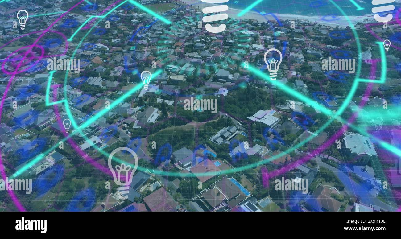 The image shows a number of bulb icons floating against a black background the bulbs represent a var Stock Photo