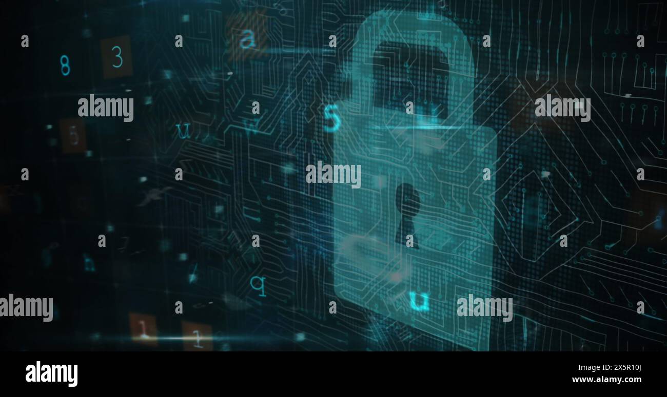 Image of cyberattack text, data processing over security padlock Stock Photo