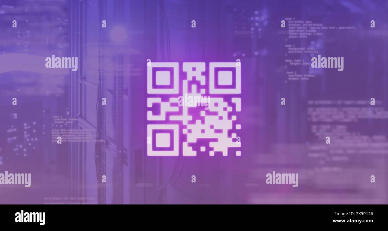 Image of qr code and programming language over server room in ...