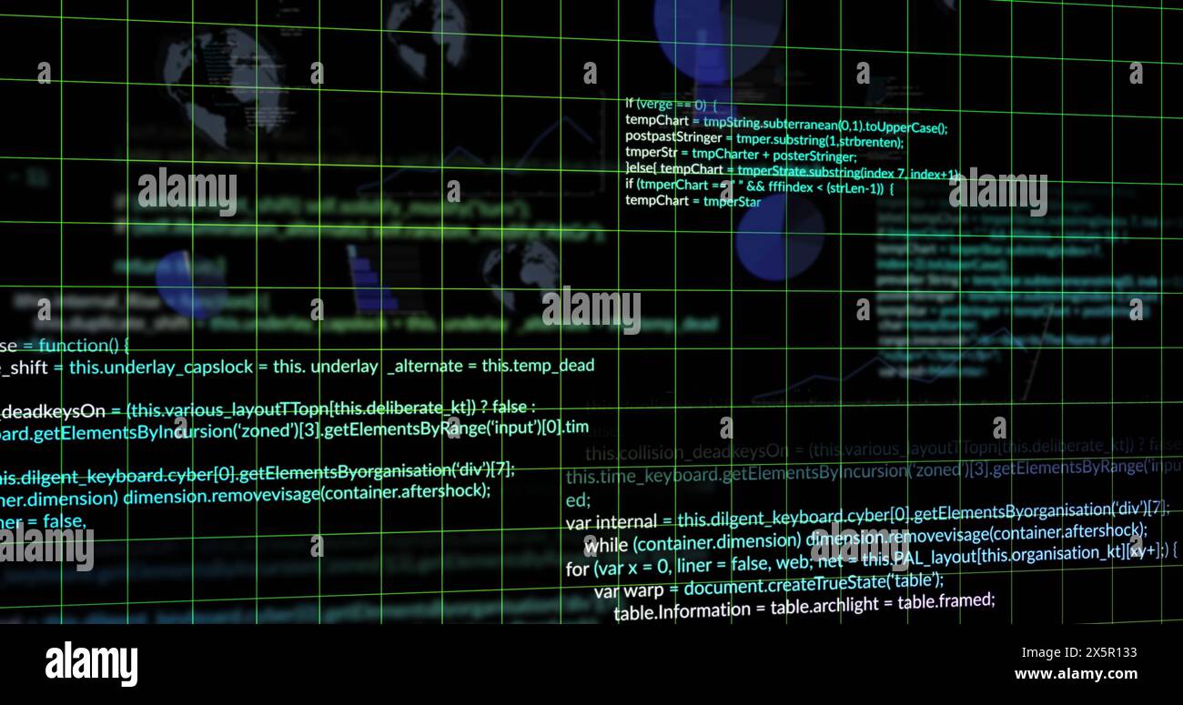 Image of computer language, globe and graphs over black background ...