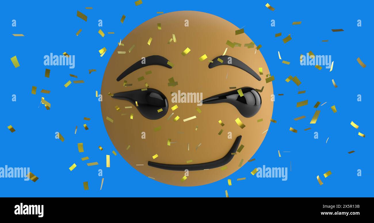 Digital image of golden confetti falling over smirk face emoji against blue background Stock Photo