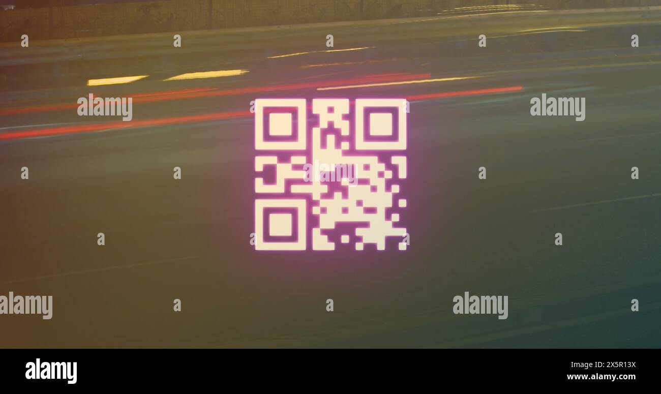 A digitally generated image of a qr code with neon elements flashing on a black background Stock Photo