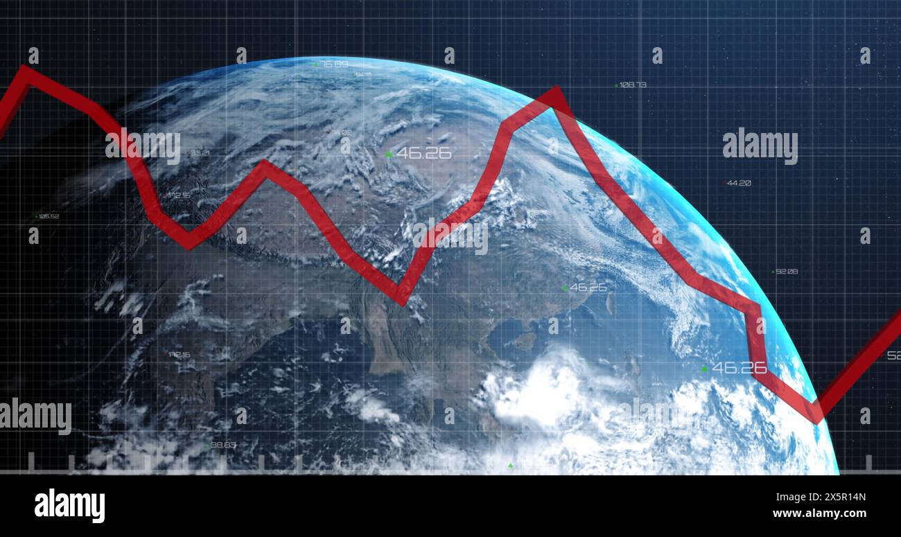 Image of financial data processing with red line over globe Stock Photo