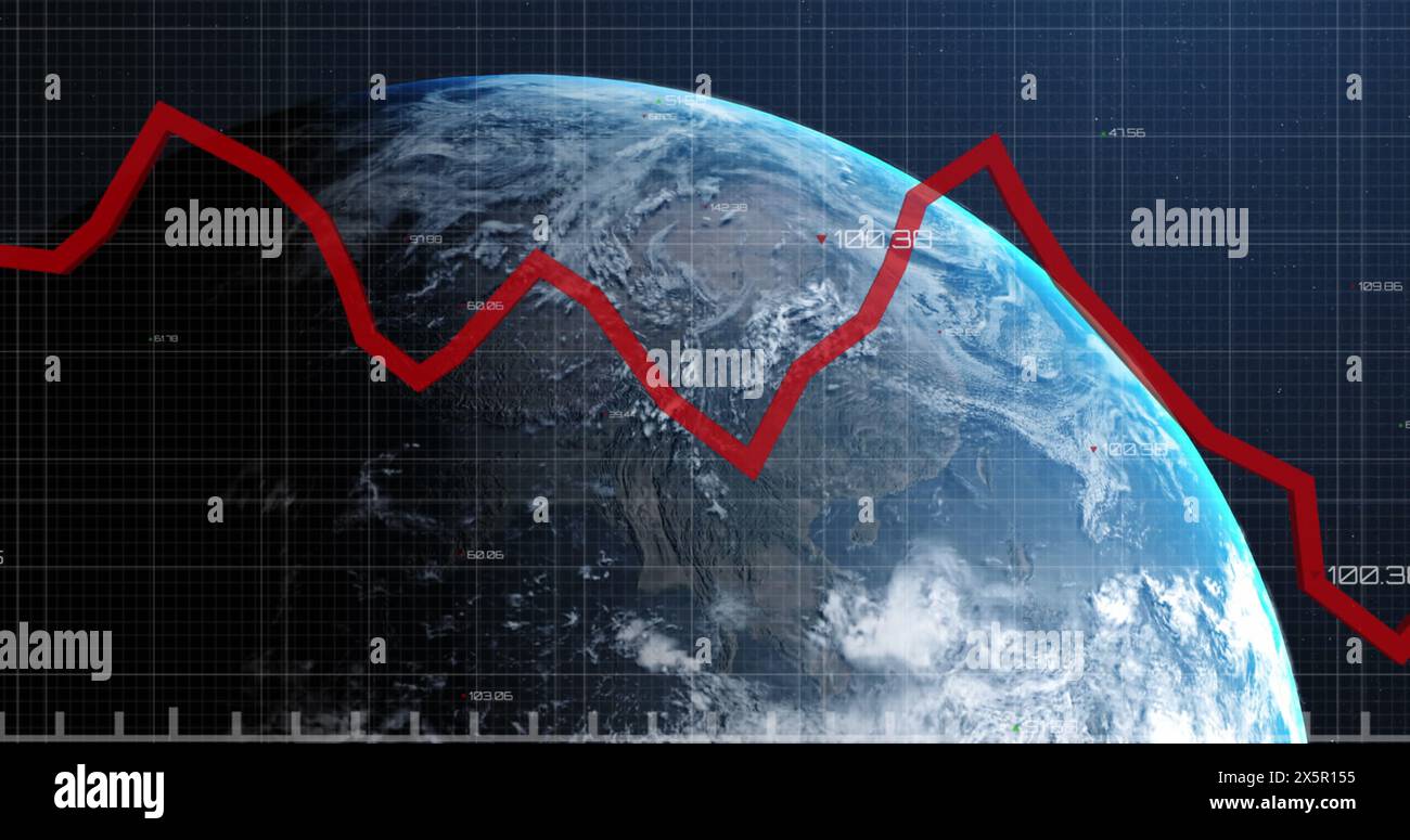 Image of financial data processing with red line over globe Stock Photo