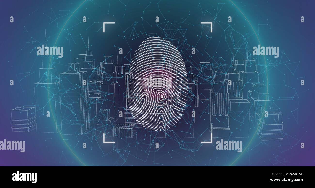 Image of data processing over biometric fingerprint and cityscape Stock Photo
