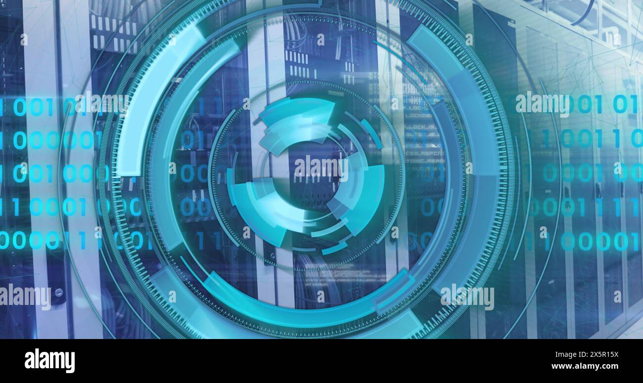 Image of loading circles and binary codes over data server racks in ...