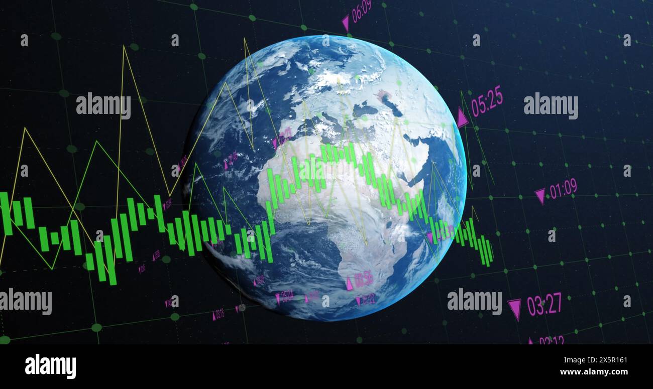 Image of financial data processing over globe Stock Photo