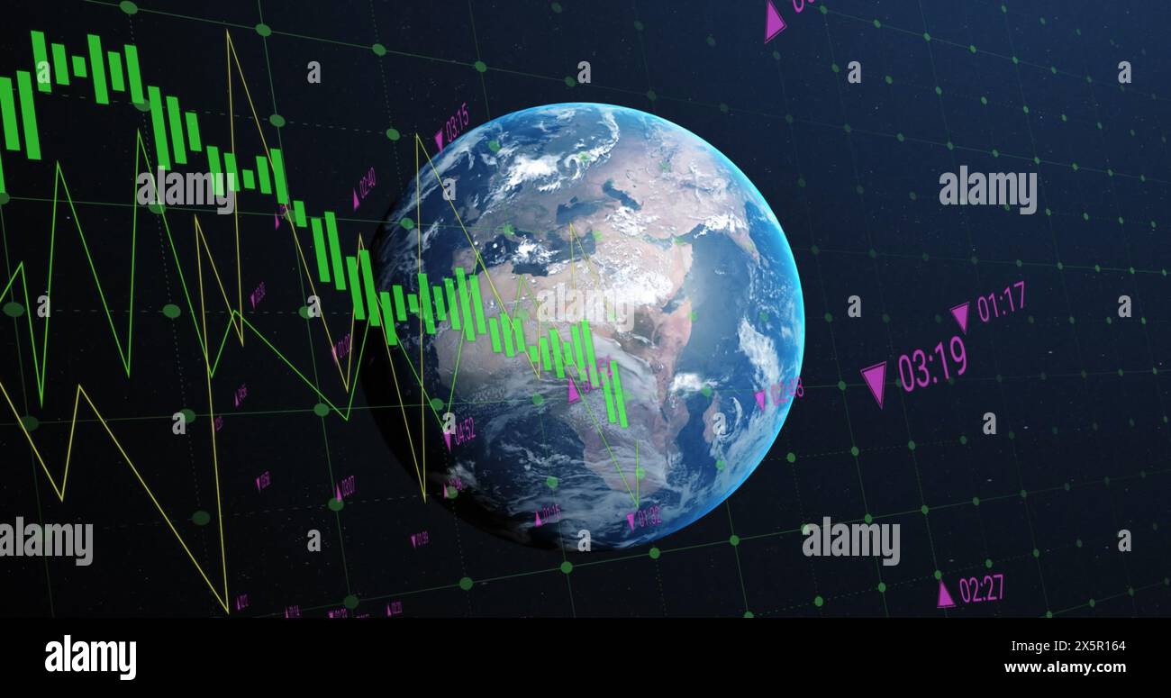 Image of financial data processing over globe Stock Photo