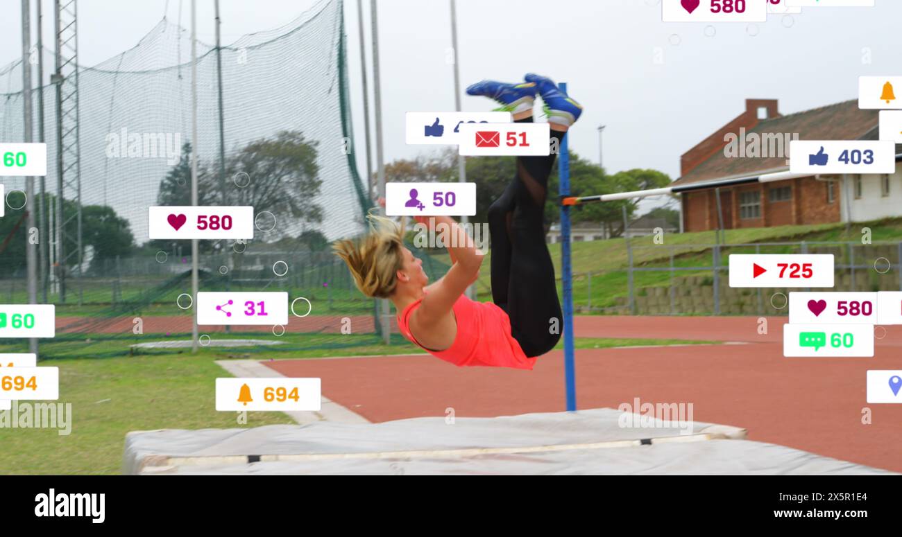 Image of notification bars over caucasian female high jumper achieving clean high jump Stock Photo