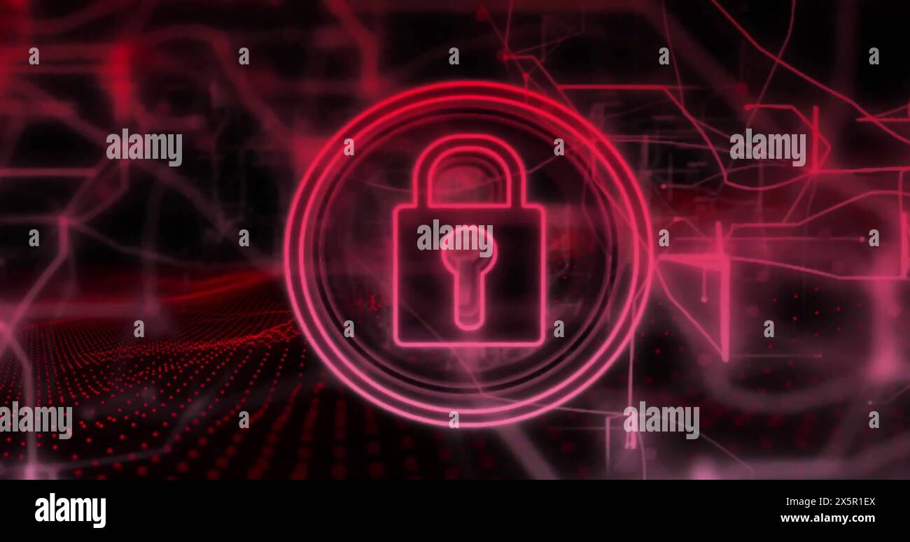 Image of padlock in circles and navigation pattern over black background Stock Photo