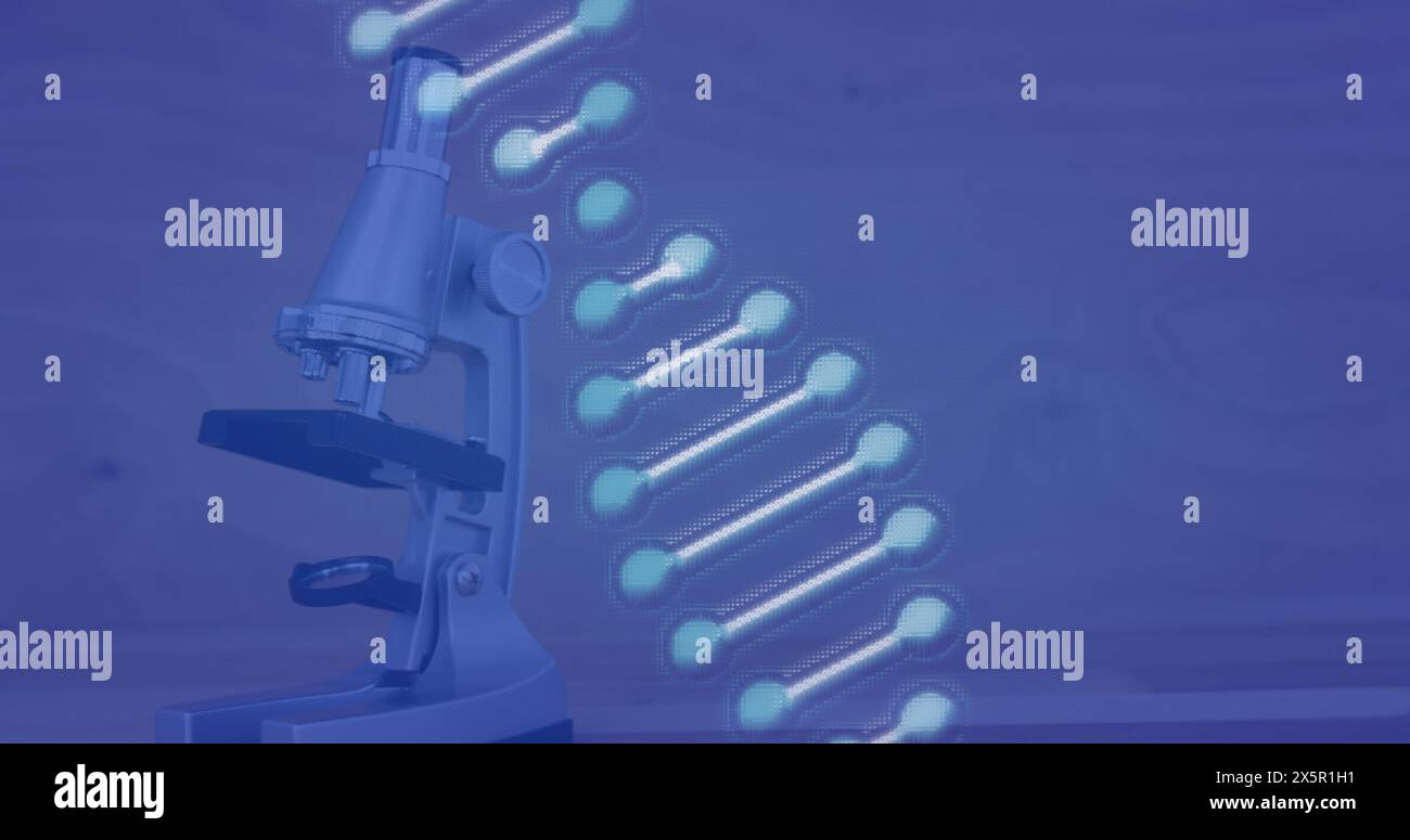 Microscope displaying glowing DNA strands in background, symbolizing research Stock Photo