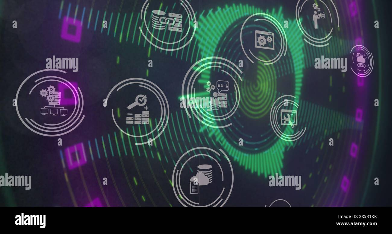 Image of digital icons over glowing neon tunnel background Stock Photo