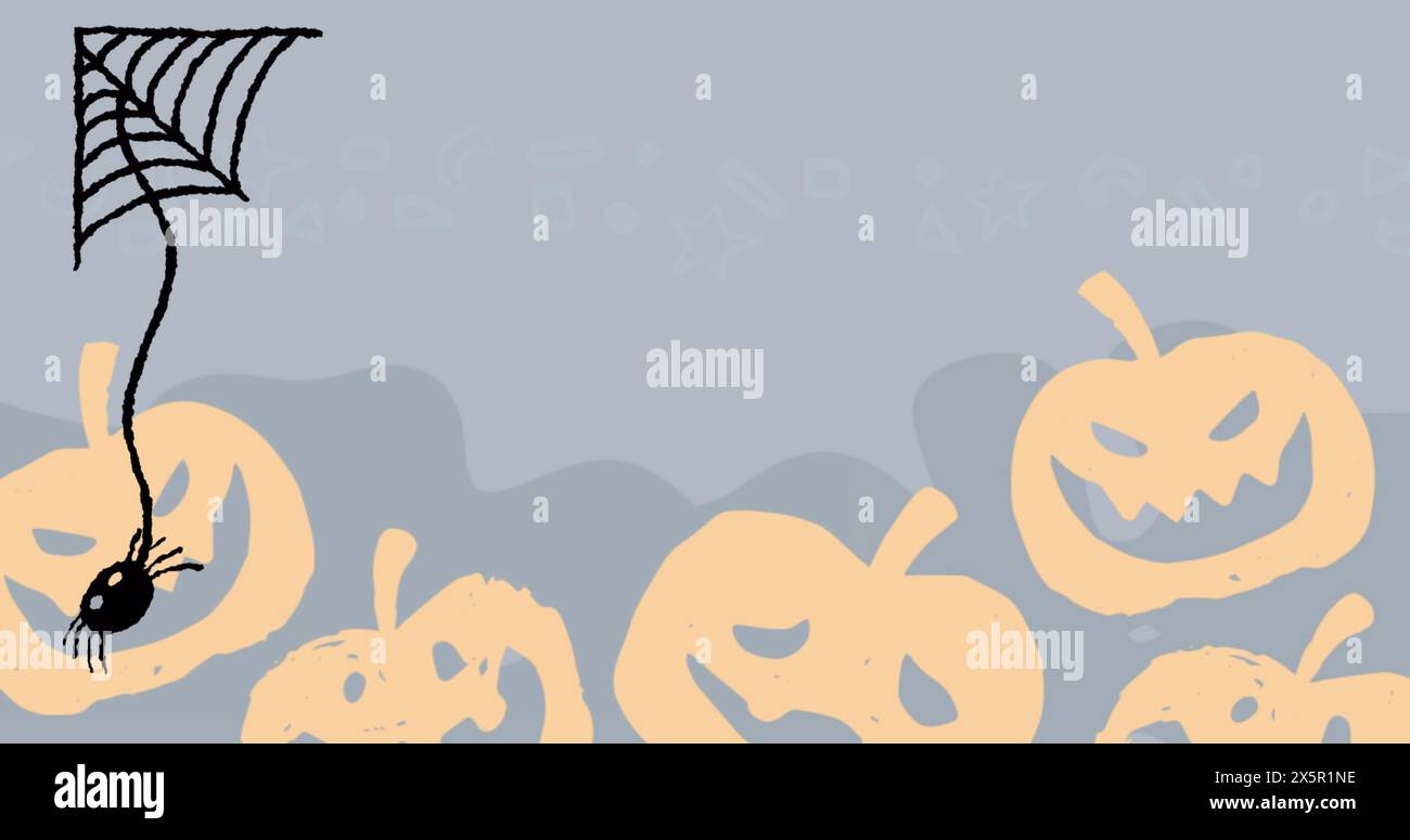 Image of halloween spider and jack o lanterns over grey background ...