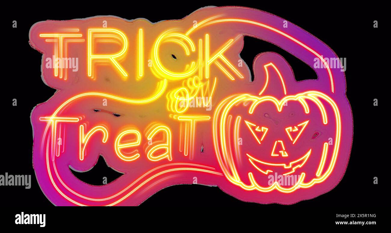 Image of neon trick or treat with pumpkin on black background Stock Photo