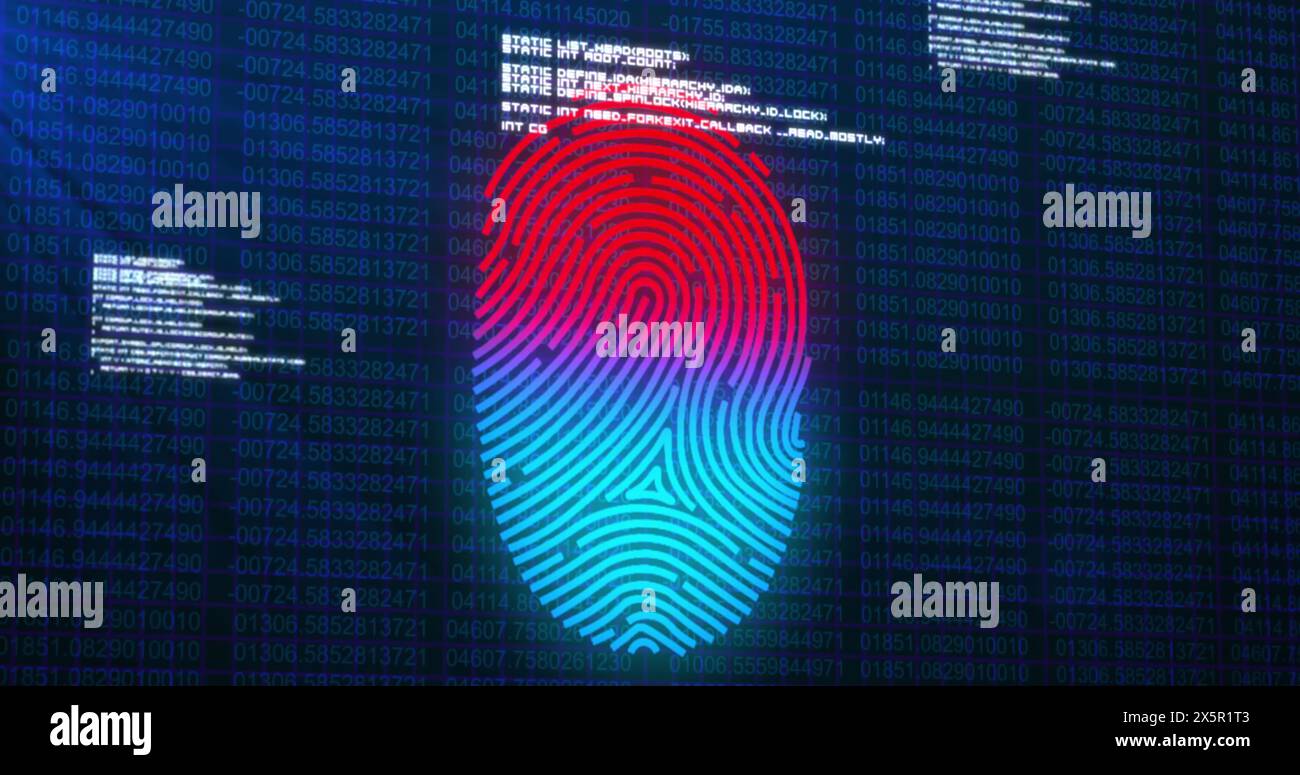 Image of security fingerprint and data processing over dark background Stock Photo