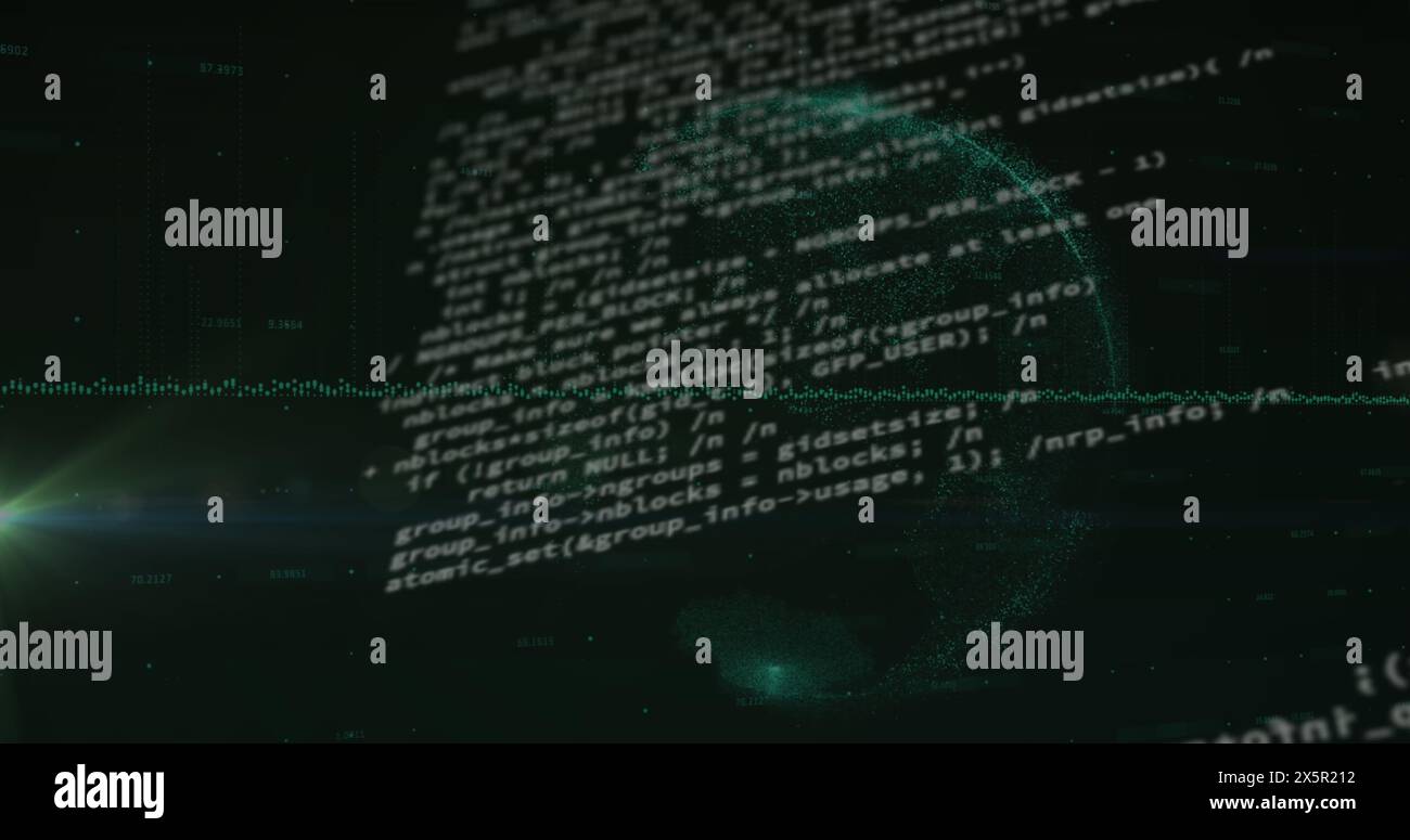 Image of data processing over globe on black background Stock Photo
