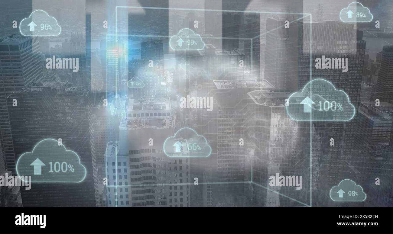Image of clouds with percent and data processing over cityscape Stock Photo