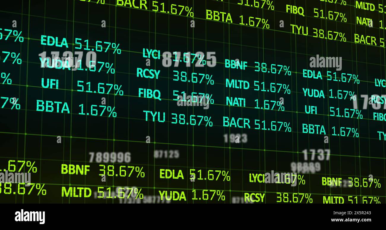Image of financial data processing and numbers over grid Stock Photo