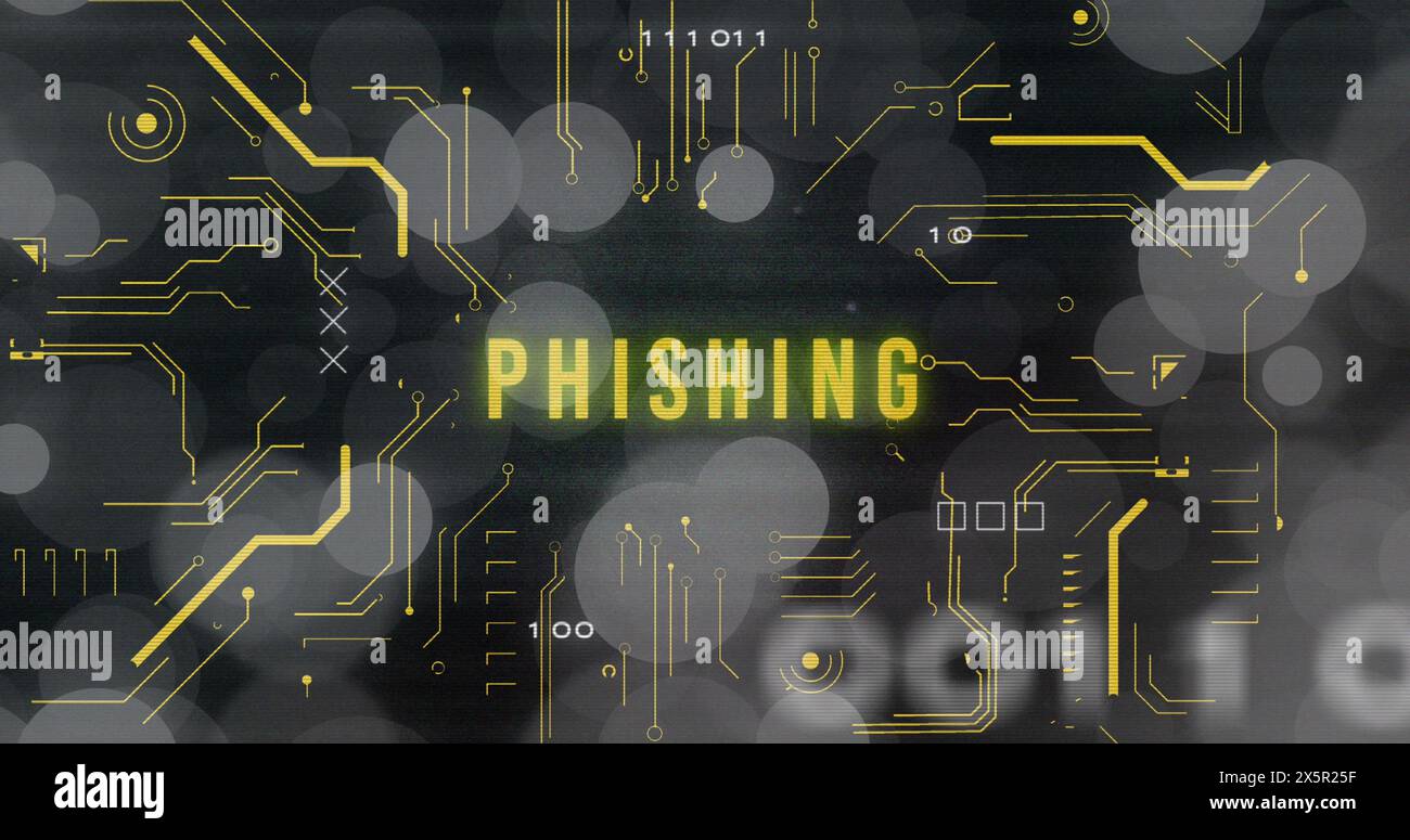 Image of phishing text, x symbol, binary codes, circuit board pattern ...