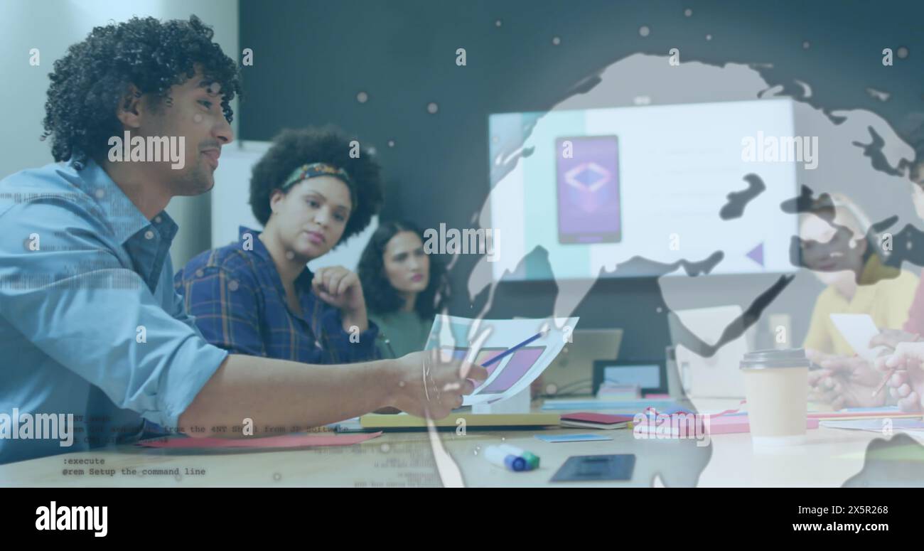 This image is a digitally generated image of data processing with a spinning globe over a transparen Stock Photo