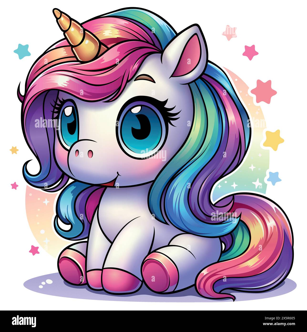 Cute Cartoon Sitting Unicorn with Rainbow Mane Stock Vector Image & Art ...