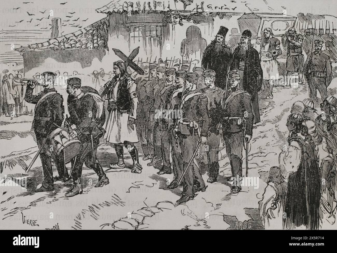 Russo-Turkish War (1877-1878). Burial of a Serbian volunteer. Engraving by Vierge. 'La Guerra de Oriente' (The Russo-Turkish War). Volume I. 1877. Author: Daniel Vierge (1851-1904). Spanish-born artist. Stock Photo