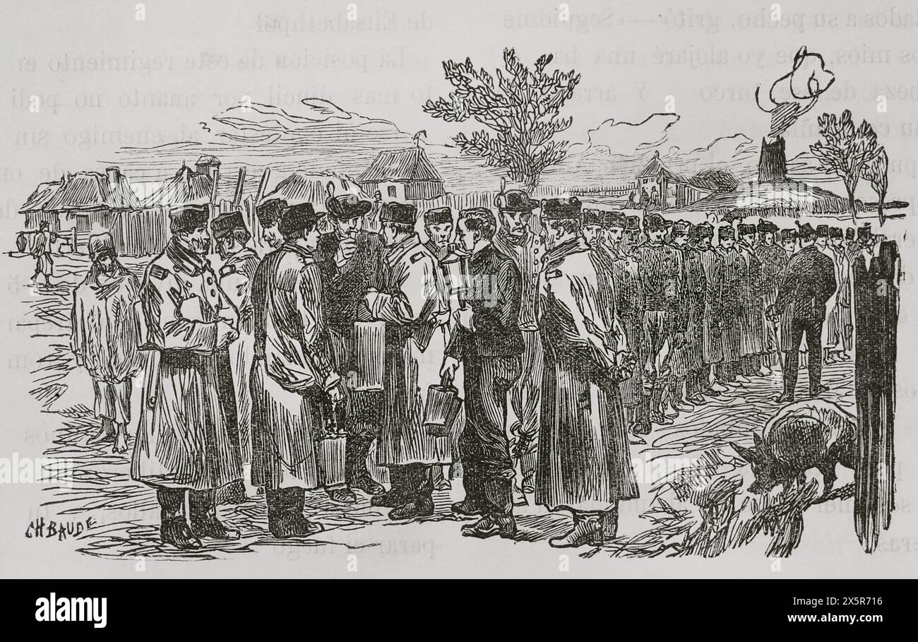 Russo-Turkish War (1877-1878). Distribution of slivovitz (plum spirit) to Romanian infantry hunters. Engraving by Charles Baude. 'La Guerra de Oriente' (The Russo-Turkish War). Volume I. 1877. Author: Charles Baude (1853-1935). French engraver. Stock Photo