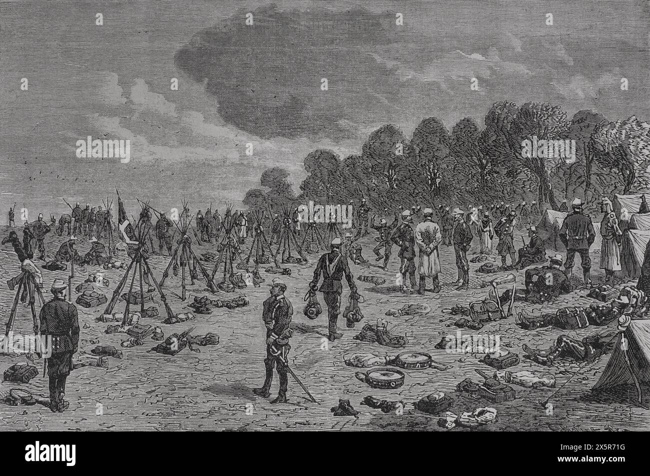 Russo-Turkish War (1877-1878). On 24 April 1877 Russia declared war on the Ottoman Empire and its troops crossed Romanian territory. Russian camp at Baniasa. Engraving. 'La Guerra de Oriente' (The Russo-Turkish War). Volume I. 1877. Stock Photo