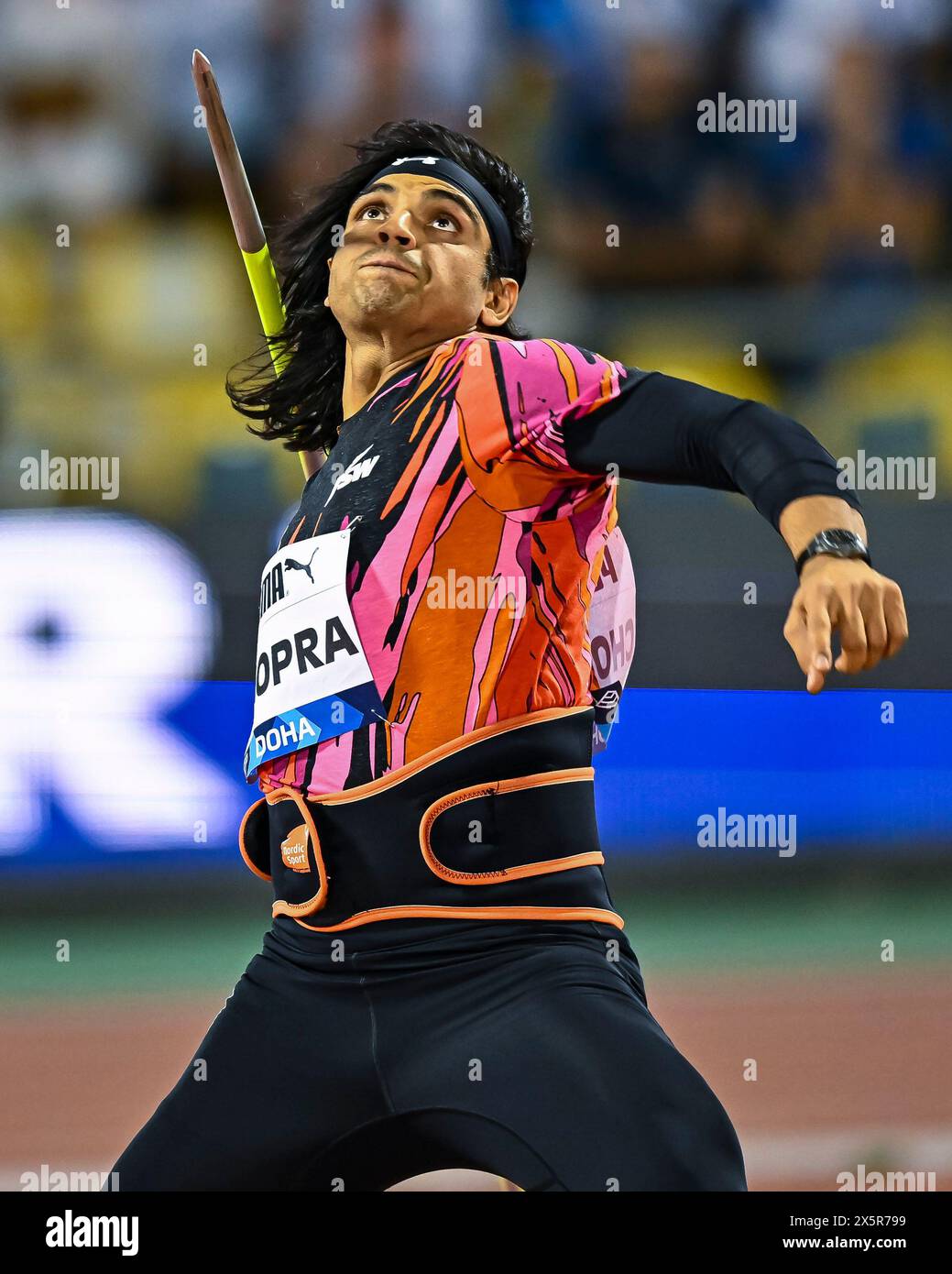 Doha, Qatar. 10th May, 2024. Neeraj Chopra of India competes during men
