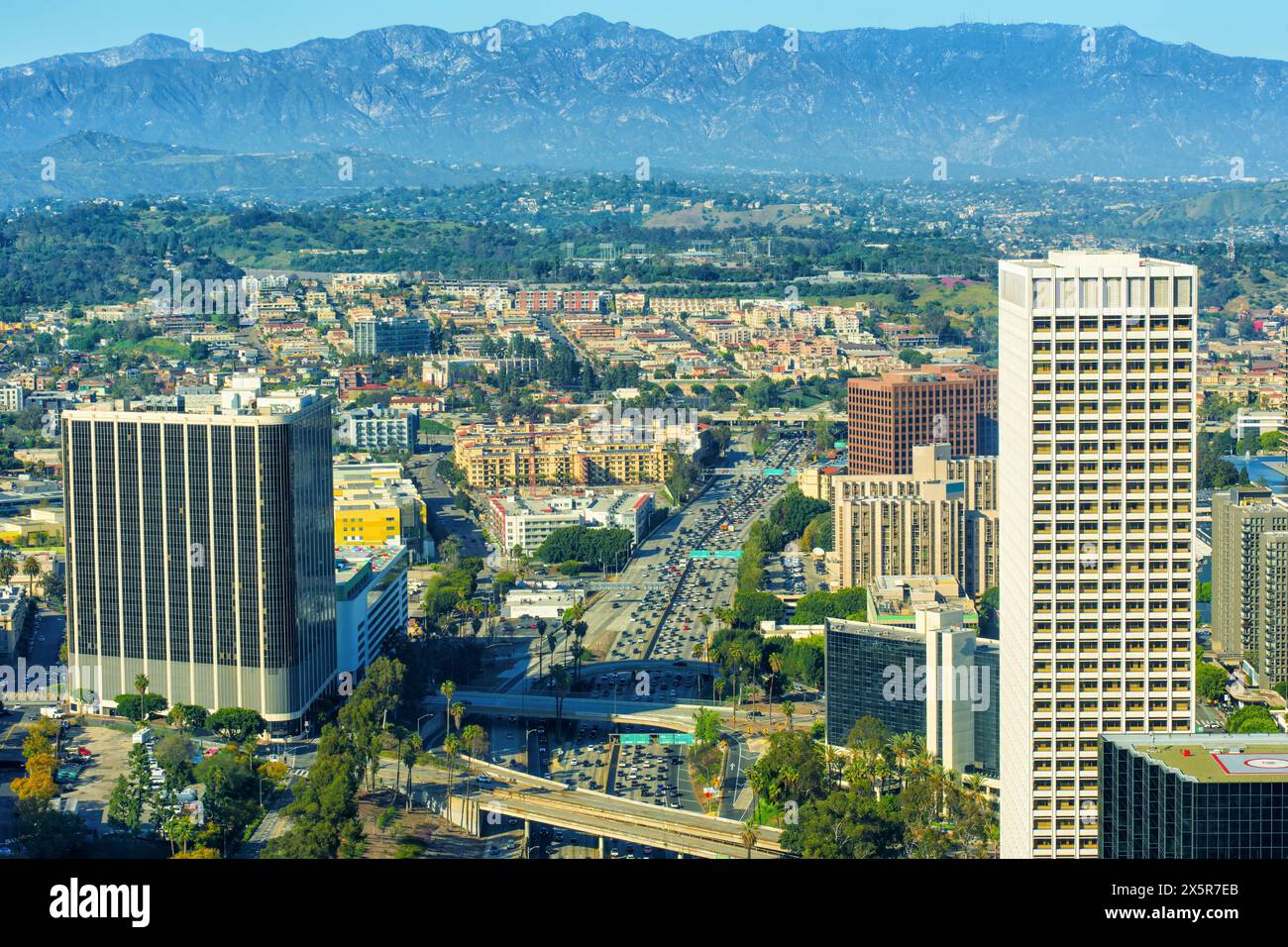 Close-up of a busy downtown Los Angeles with its buildings and bustling traffic. Stock Photo