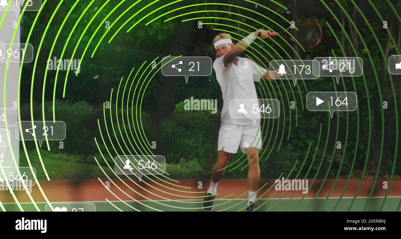 Image of notification bars over caucasian tennis player playing tennis in court Stock Photo