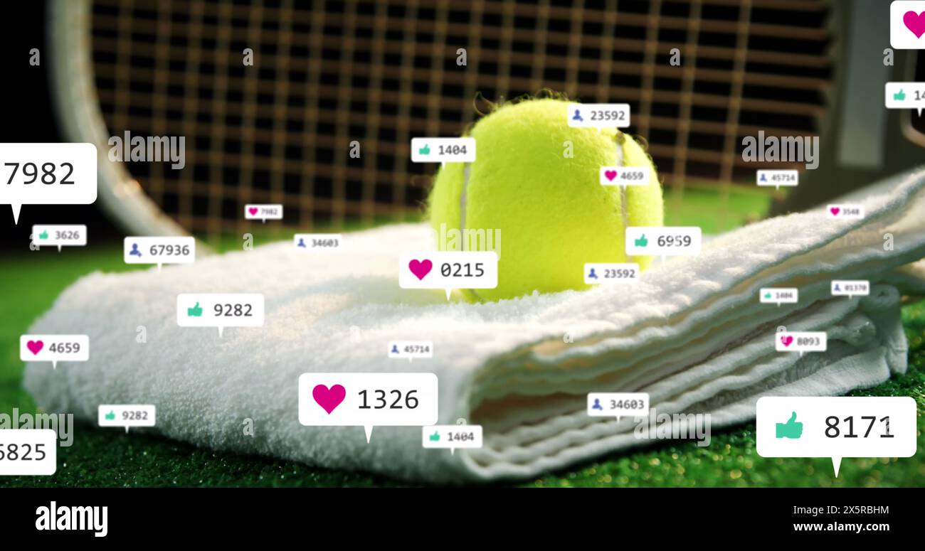 Image of notification bars over tennis ball on towel against racket on ground Stock Photo