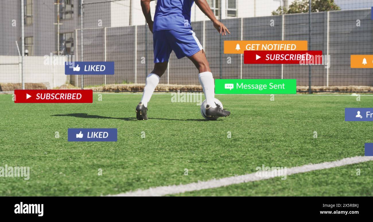 Social media concept icons against african american male soccer player practicing on sports field Stock Photo