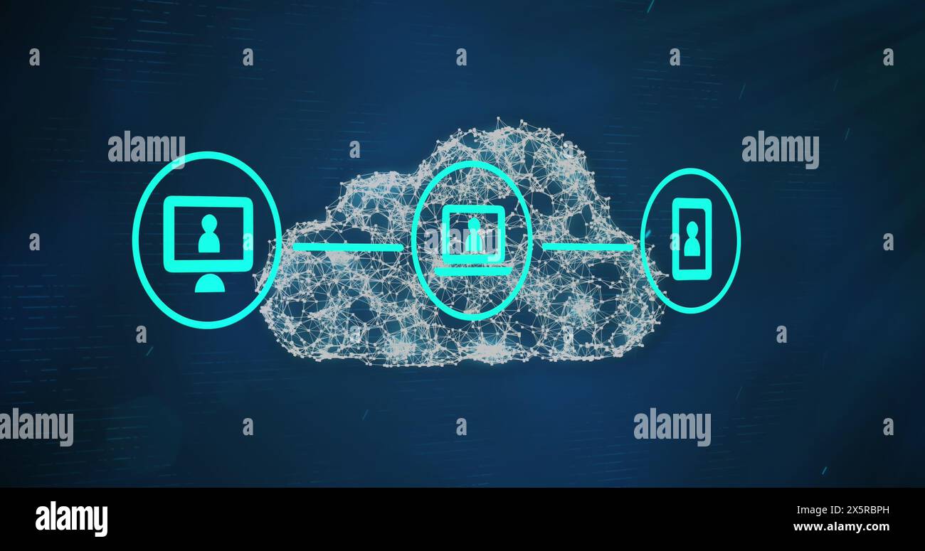 Image of network of connections with icons over cloud icon on blue background Stock Photo