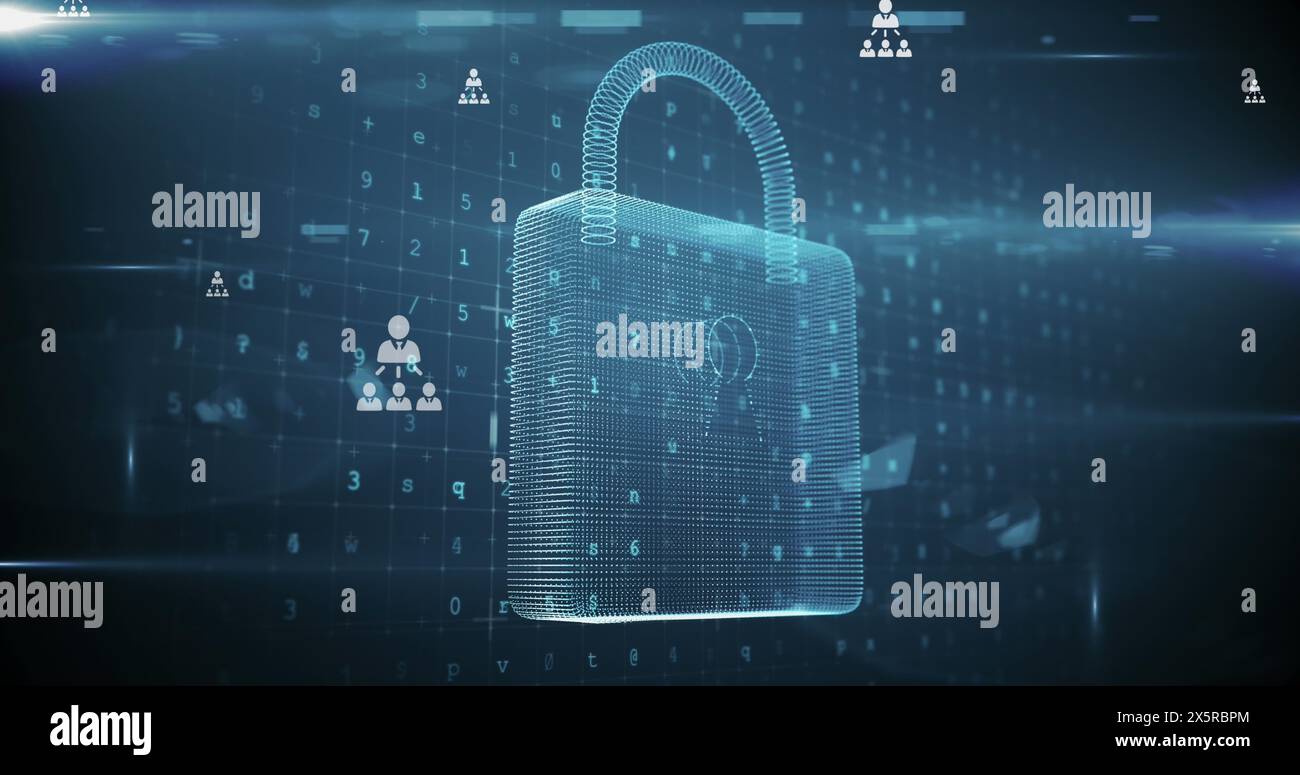 Image of digital padlock with integrated circuit over data processing on screen Stock Photo