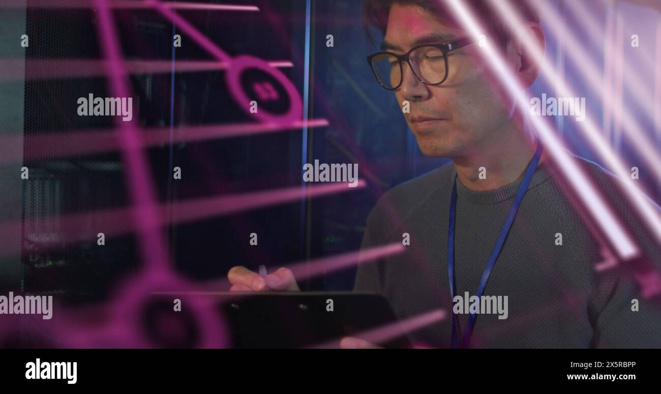 Image of data processing over asian male it technician by computer server Stock Photo