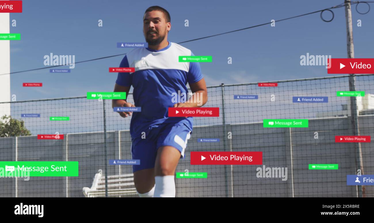 Image of social media icons over football player Stock Photo