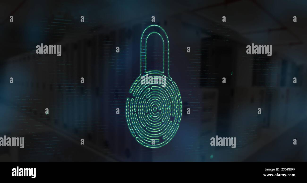 Image of lights over biometric fingerprint padlock over computer servers Stock Photo