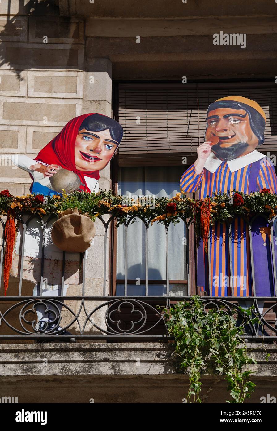 Two traditional dolls from Catalan culture are on a balcony. Temps de flors 2024 Stock Photo