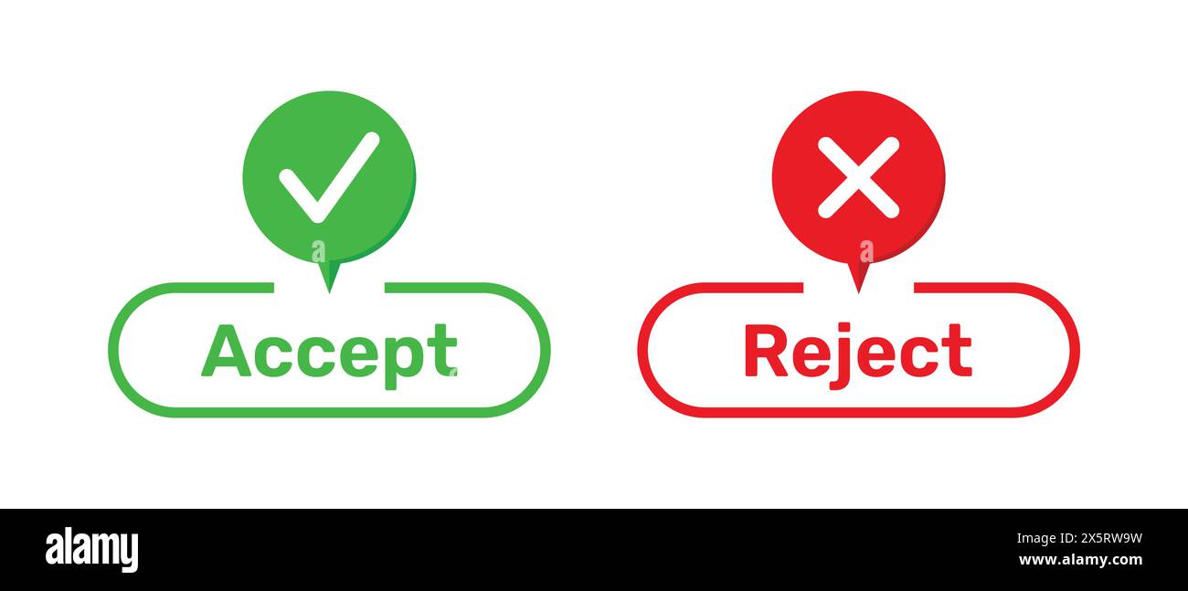 Accept and Reject buttons with right and wrong symbols. Right and Wrong symbols with Accept and Reject buttons in green and red color. Tick and cross Stock Vector