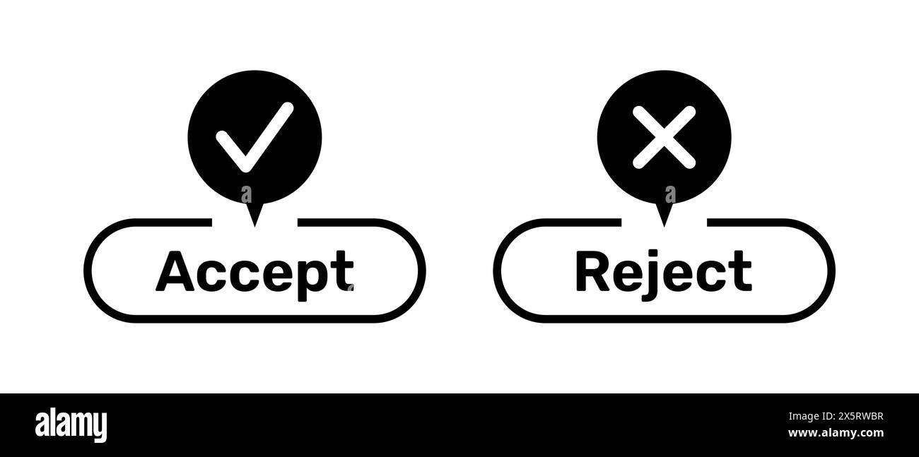 Accept and Reject buttons with right and wrong symbols. Right and Wrong symbols with Accept and Reject buttons black color. Tick and cross symbols. Stock Vector