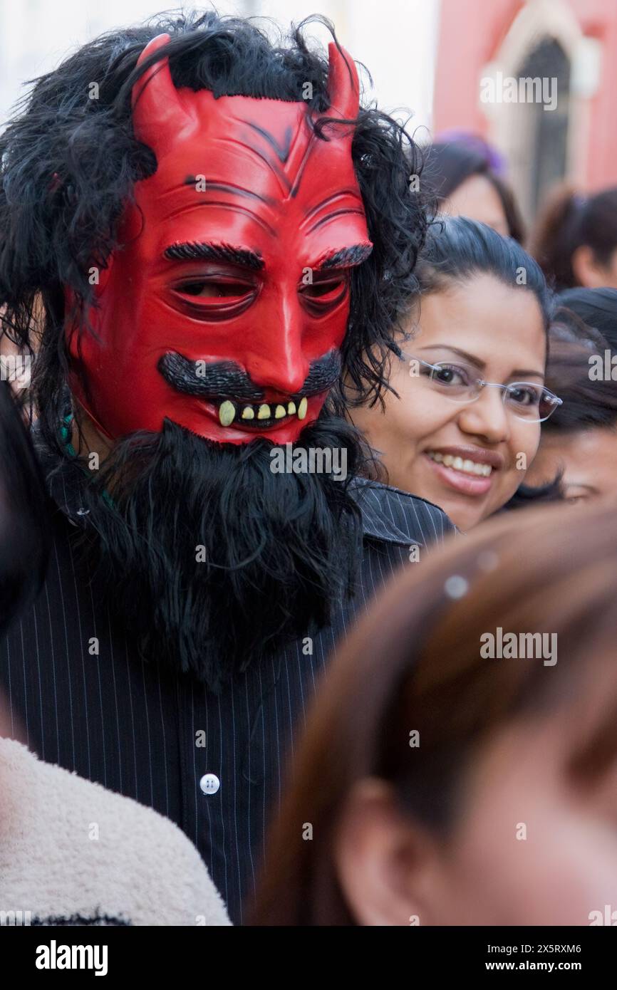 Oaxaca, Mexico, North America.  Day of the Dead Celebrations.  Devil Mask in Parade, Procession, 'Comparsa', in Memory of the Dead.  Costumes. Stock Photo
