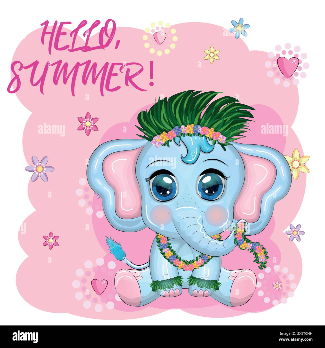 Cute cartoon elephant, childish character with beautiful eyes in Hawaiian costume, beach and vacation. Stock Vector